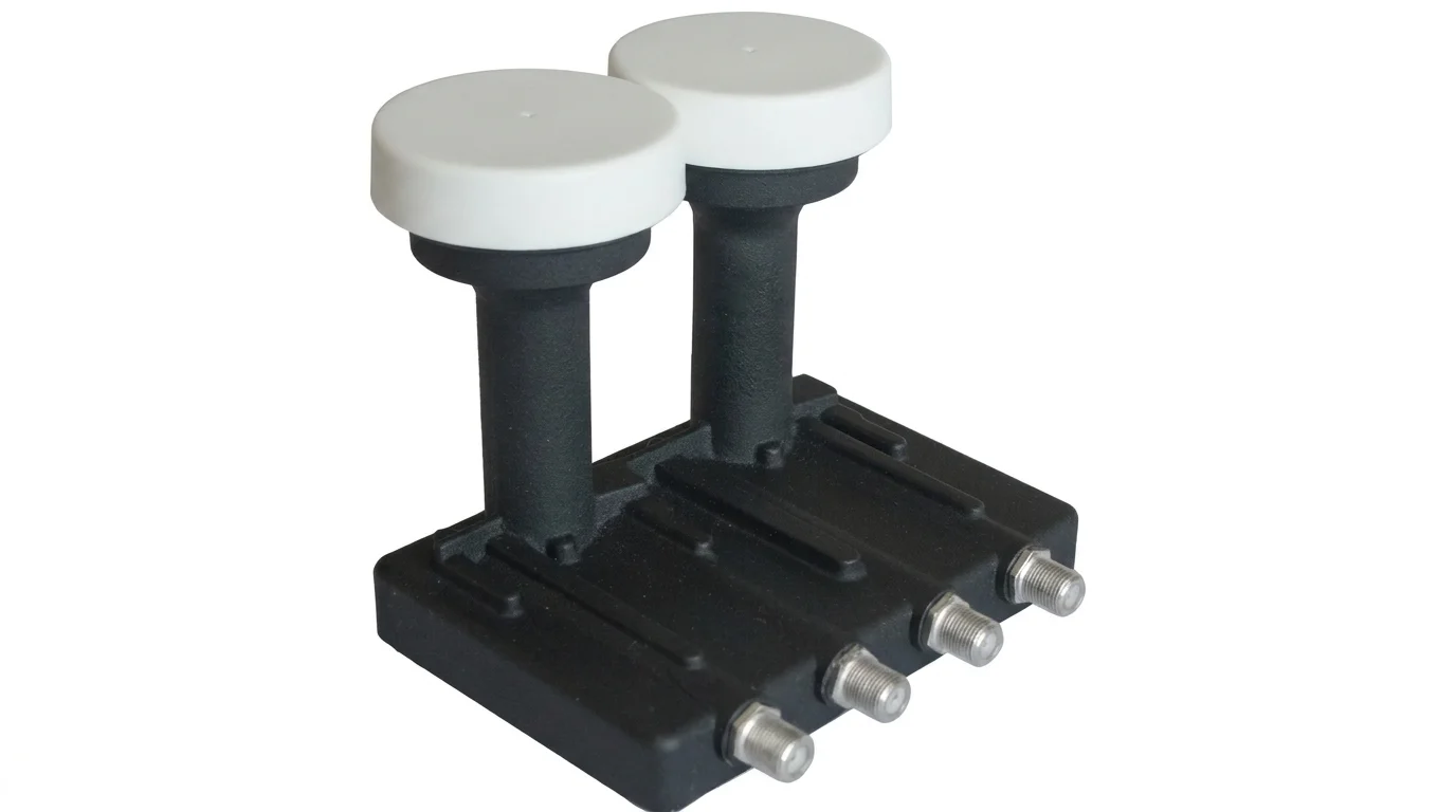 LNB konvertor Zircon M0443 Quad Slim se dvěma bílými hlavicemi a čtyřmi výstupními F-konektory.