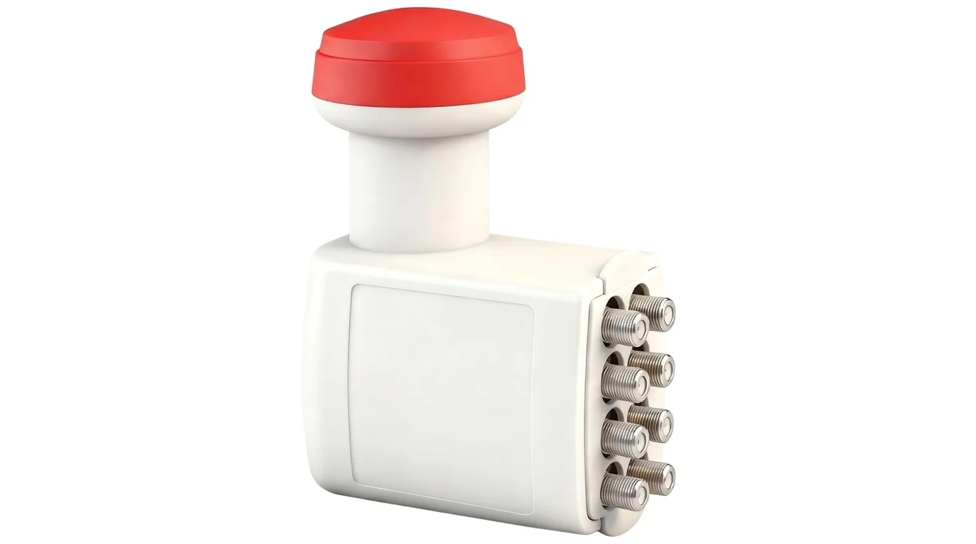 Bílý satelitní konvertor AB LNB01 Octo Red Edition s červenou krytkou a osmi výstupními F konektory.