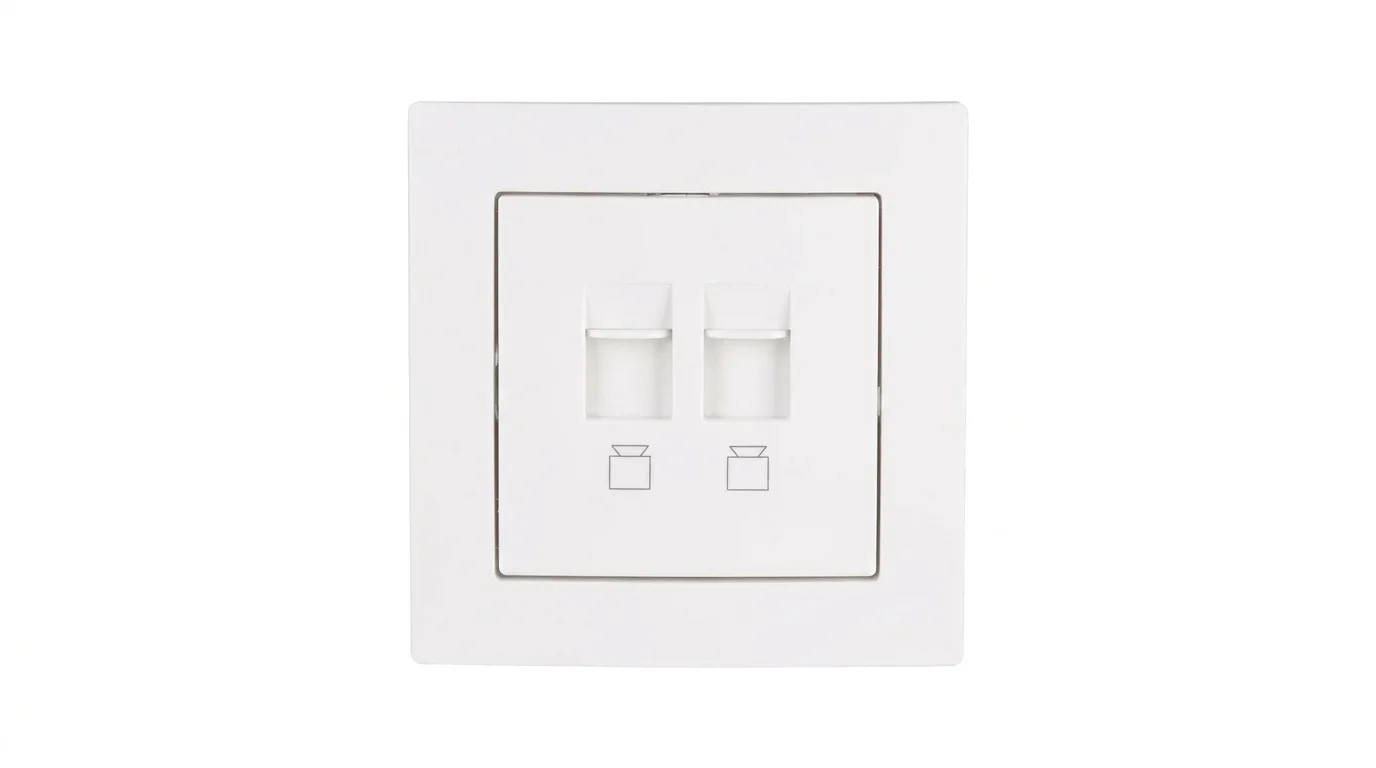 Biela dátová zásuvka Retlux RSB A88F s dvoma portami RJ45 a krycím rámčekom.