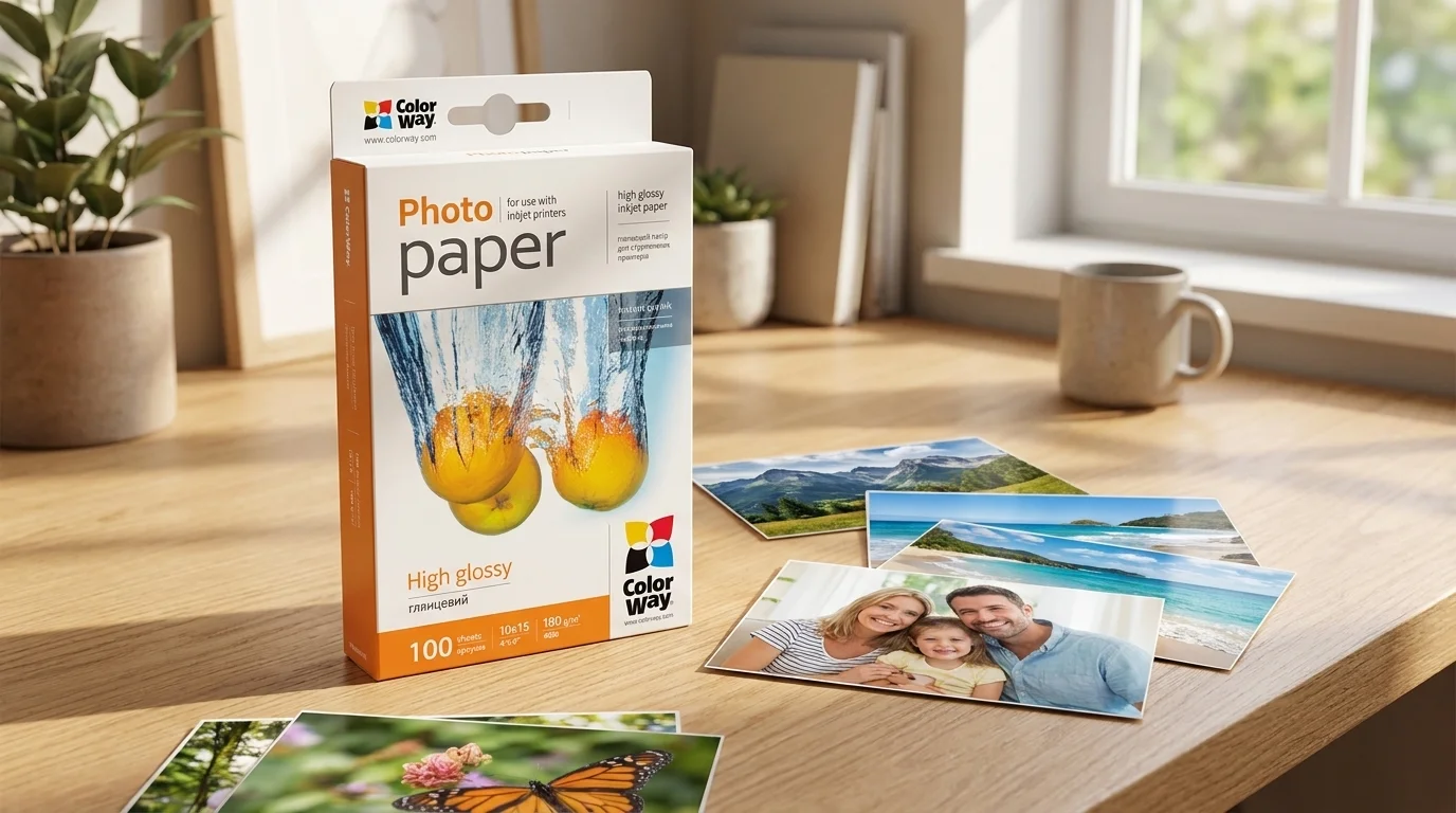 Balení fotopapíru ColorWay High Glossy na dřevěném stole vedle vytištěných rodinných a krajinných snímků.