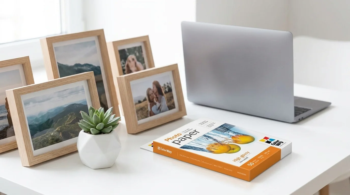 Balení fotopapíru ColorWay High Glossy na stole vedle dřevěných fotorámečků, sukulentu a notebooku.