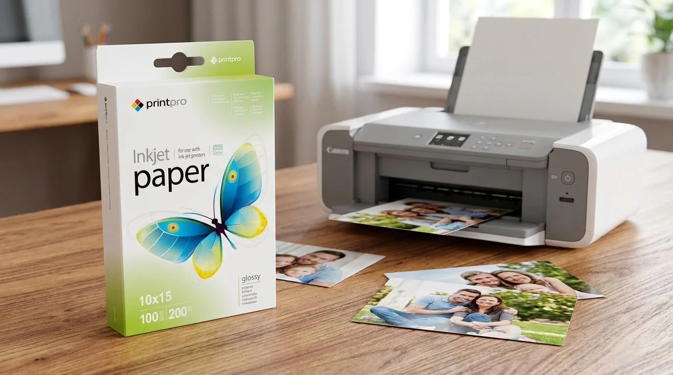 Balení fotopapíru ColorWay PrintPro vedle inkoustové tiskárny a vytištěných rodinných fotografií na dřevěném stole.