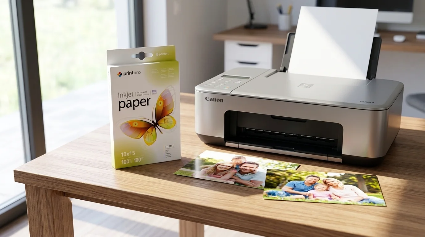 Balení fotopapíru PrintPro na stole vedle inkoustové tiskárny a vytištěných fotografií.