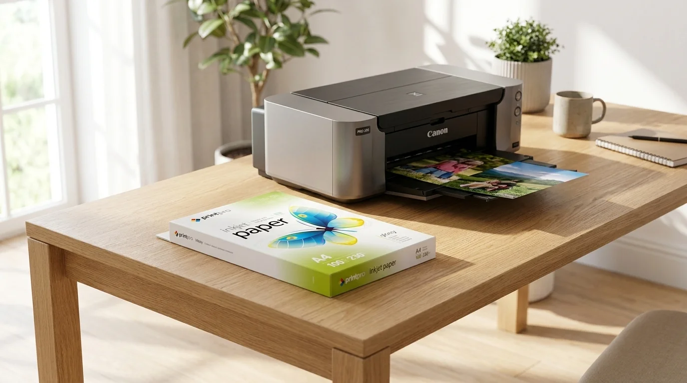 Balení fotopapíru ColorWay PrintPro A4 leží na stole vedle inkoustové tiskárny tisknoucí fotografii.