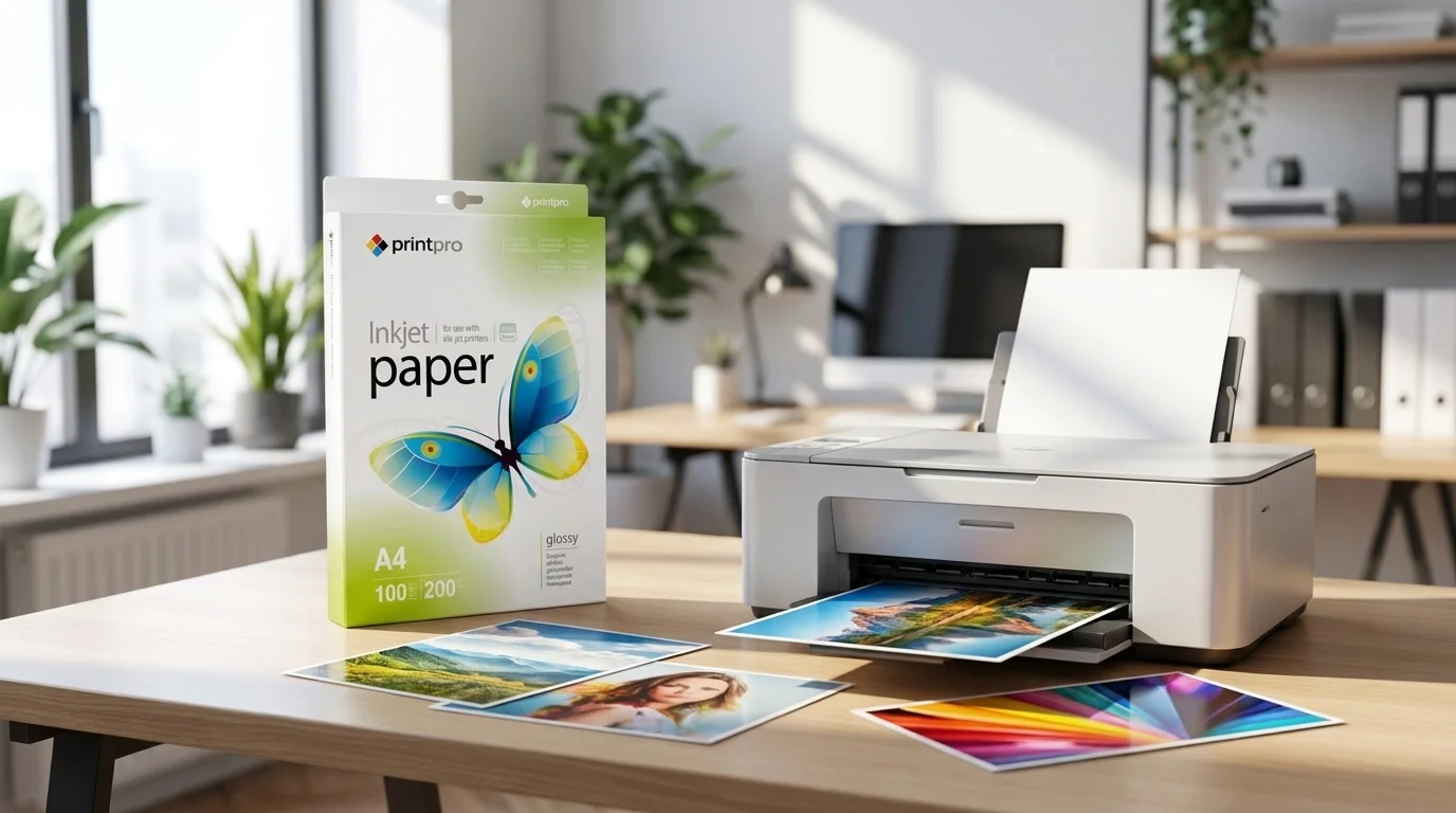 Balení fotopapíru PrintPro A4 vedle inkoustové tiskárny a několika vytištěných barevných fotografií na stole.