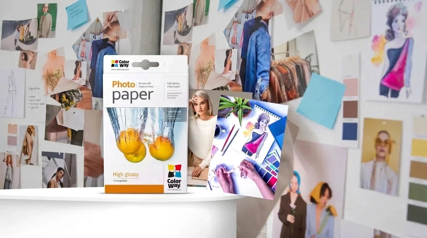 Balení fotopapíru ColorWay High Glossy a vytištěné fotografie na pozadí nástěnky se skicami a snímky.