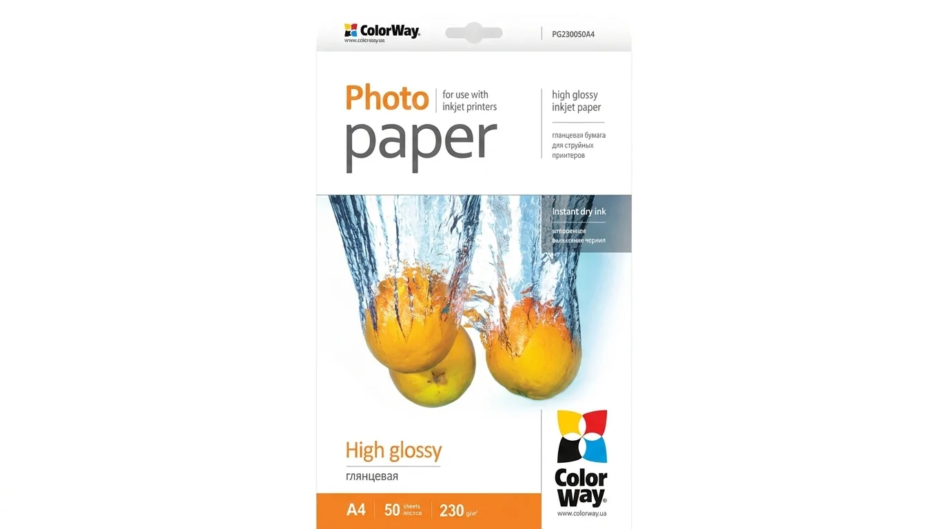 Balenie fotopapiera ColorWay High Glossy A4 s gramážou 230 g/m² a motívom pomarančov padajúcich do vody.