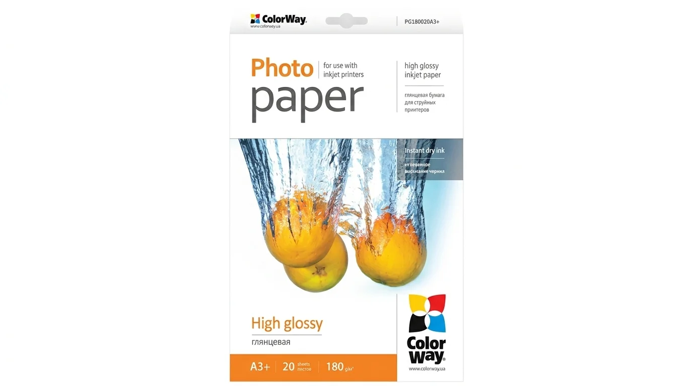 Balení fotopapíru ColorWay High Glossy formátu A3+ s gramáží 180 g/m² a motivem pomerančů padajících do vody.