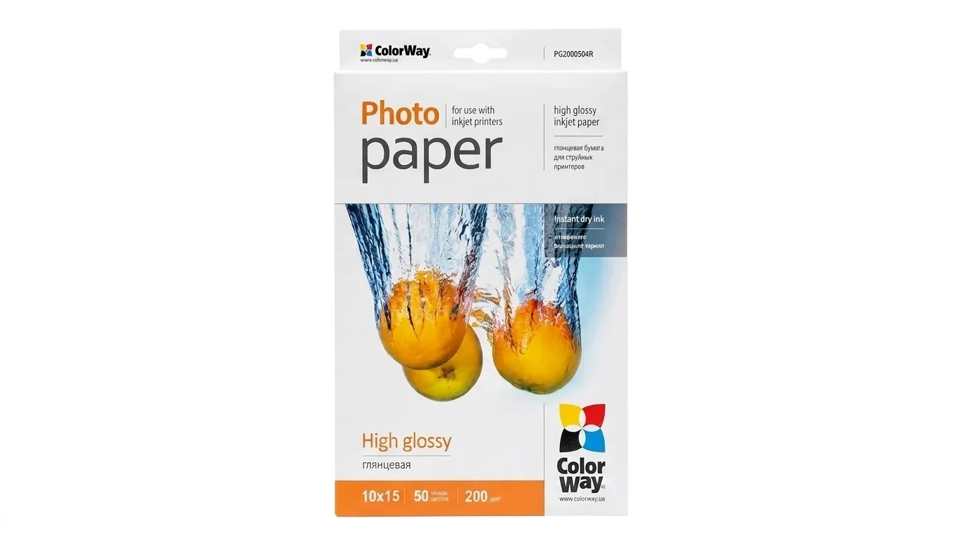 Balení fotopapíru ColorWay High Glossy formátu 10 × 15 cm s gramáží 200 g/m² a motivem pomerančů ve vodě.