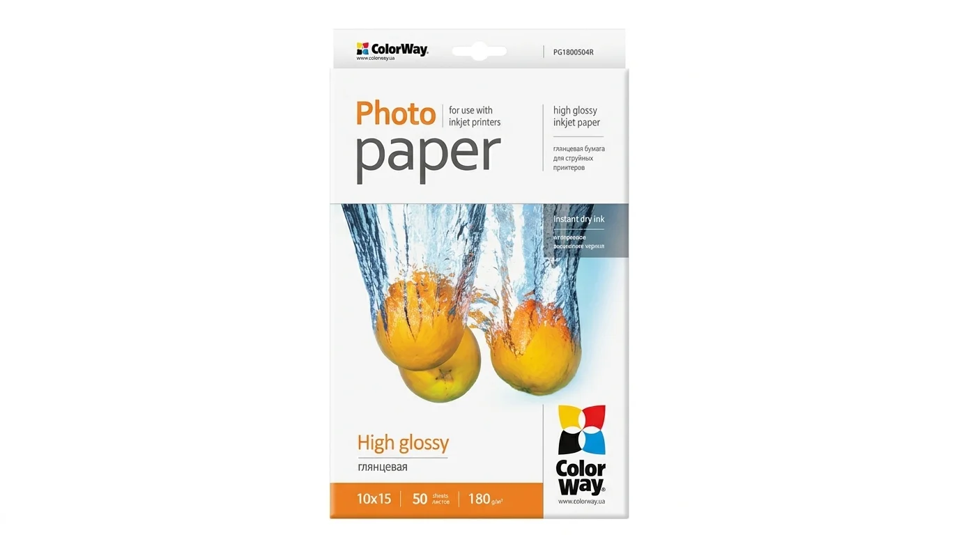 Balení vysoce lesklého fotopapíru ColorWay High Glossy formátu 10 × 15 cm o gramáži 180 g/m² s motivem pomerančů ve vodě.