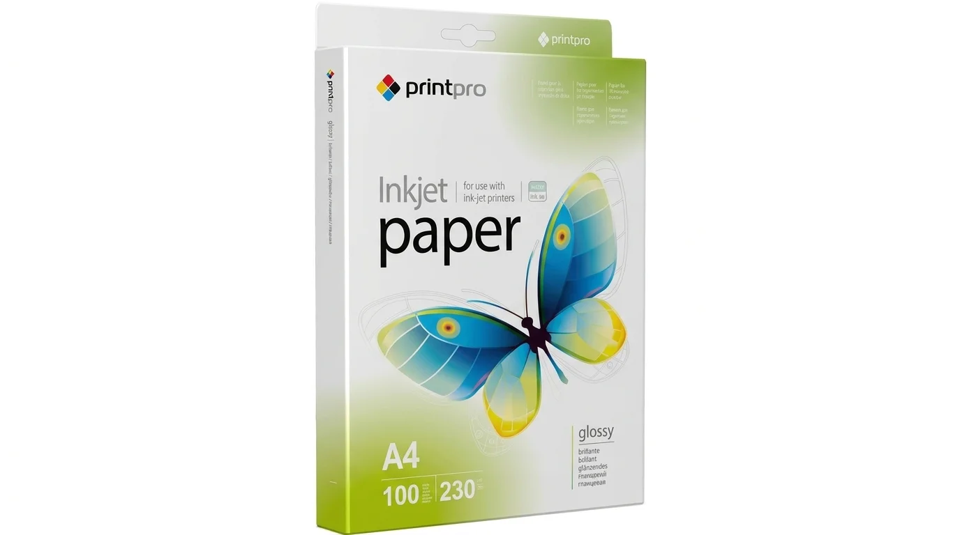 Balení lesklého fotopapíru PrintPro formátu A4 s motivem modro-žlutého motýla a vyznačenou gramáží 230 g/m².