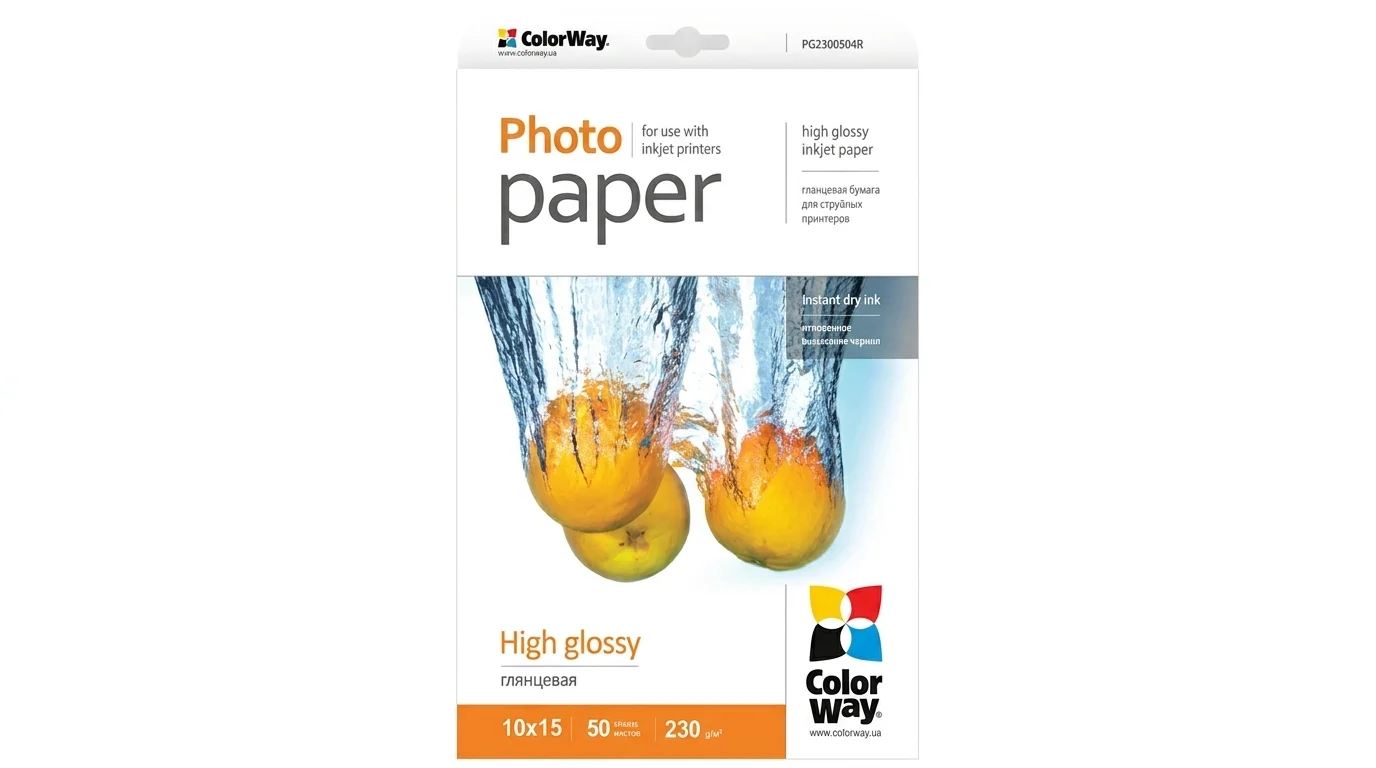 Balení fotopapíru ColorWay High Glossy 10 × 15 cm s gramáží 230 g/m² a motivem pomerančů ve stříkající vodě.