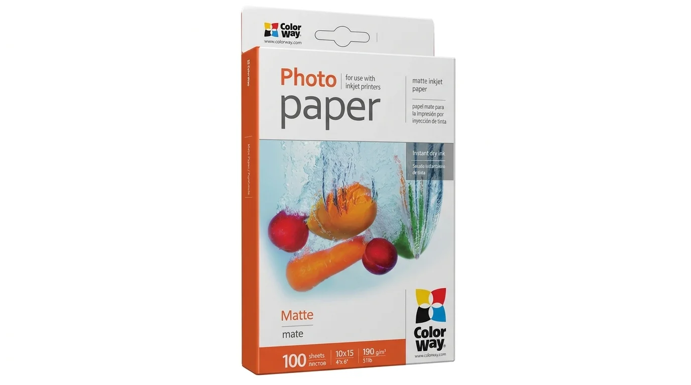 Bílo-oranžové balení 100 listů matného fotopapíru ColorWay Matte formátu 10 × 15 cm s gramáží 190 g/m².