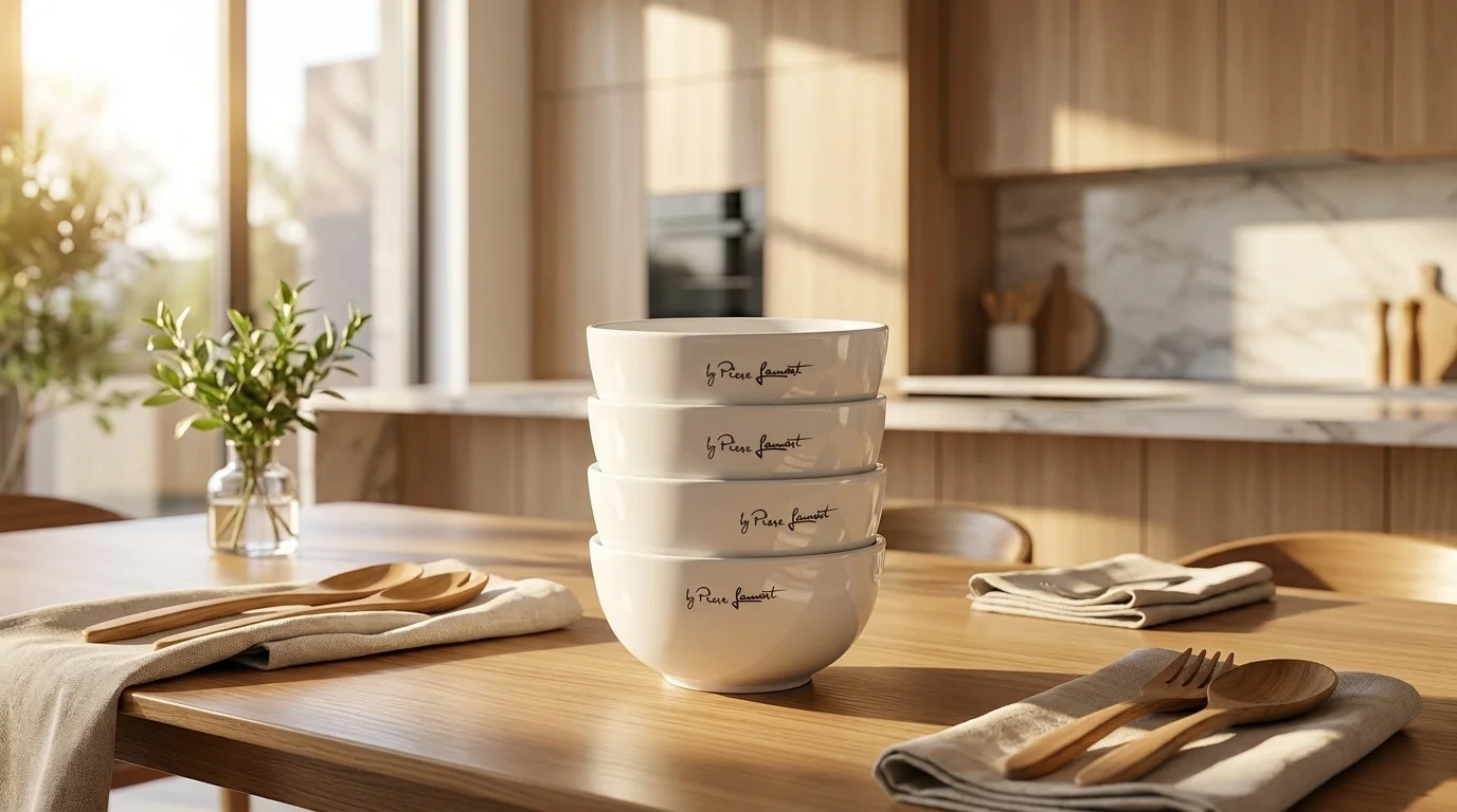 Čtyři bílé porcelánové misky Lamart s nápisem naskládané na sobě na dřevěném jídelním stole.