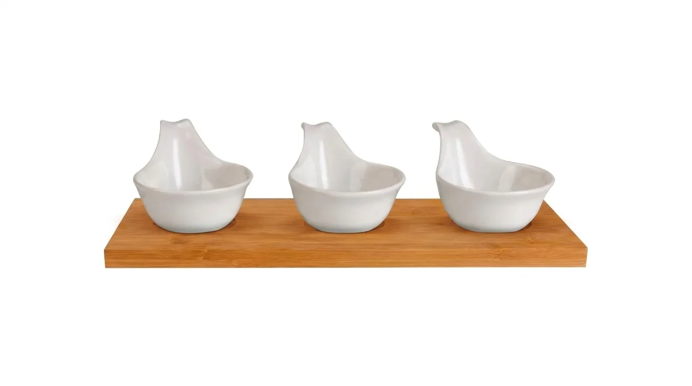 Tři bílé porcelánové misky na obdélníkovém bambusovém servírovacím podnosu Lamart.
