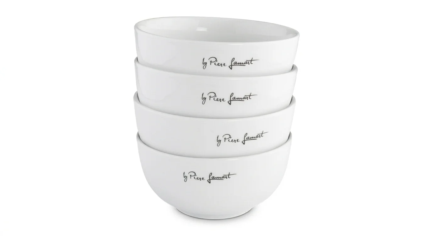 Čtyři bílé porcelánové misky ze sady Lamart LT9014 Dine naskládané na sobě s nápisem by Piere Lamart.