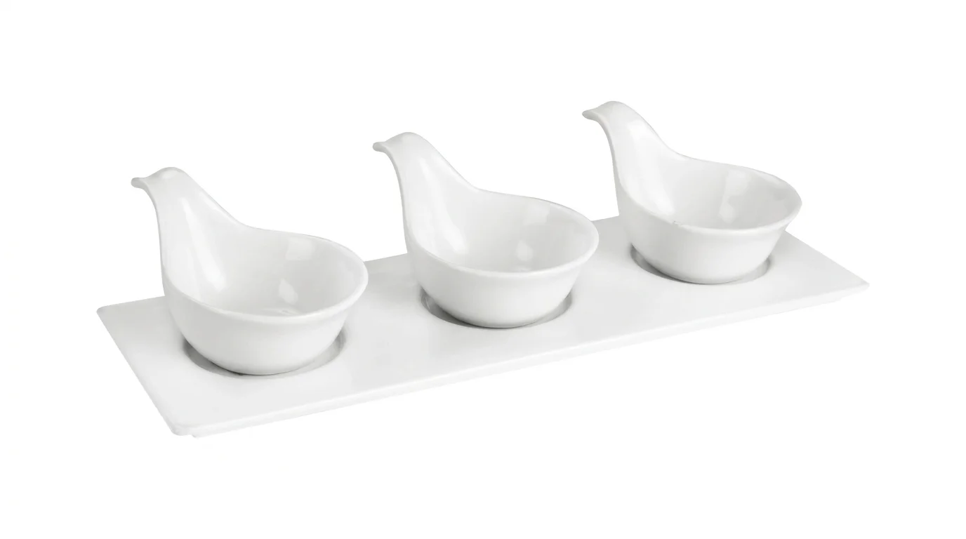 Tři bílé porcelánové servírovací misky s držadlem umístěné na obdélníkovém podnosu Lamart Dine.