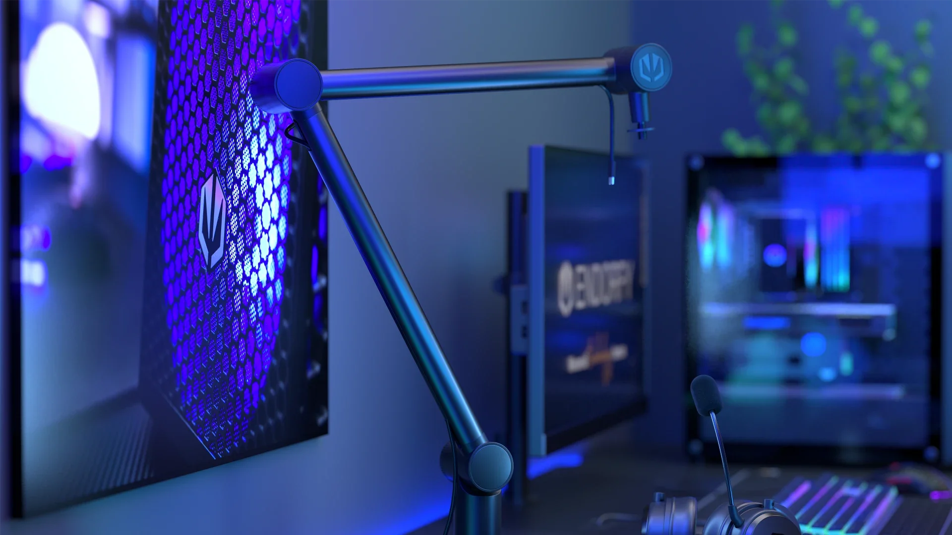 Černé polohovatelné rameno pro mikrofon ENDORFY Studio Boom Arm Black upevněné u stolu v herním koutku s modrým podsvícením.