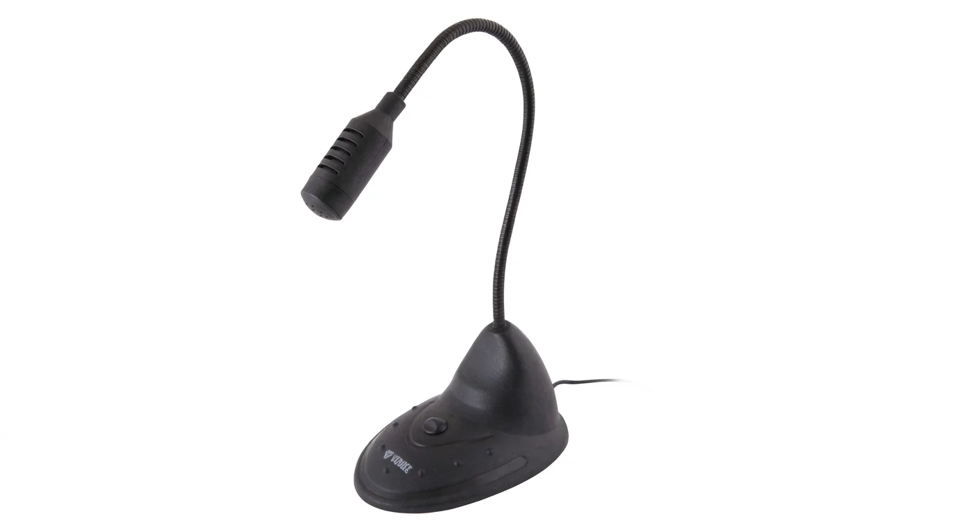 Černý stolní mikrofon k PC Yenkee YMC 1011BK s flexibilním esovitým držákem a podstavcem s vypínačem.
