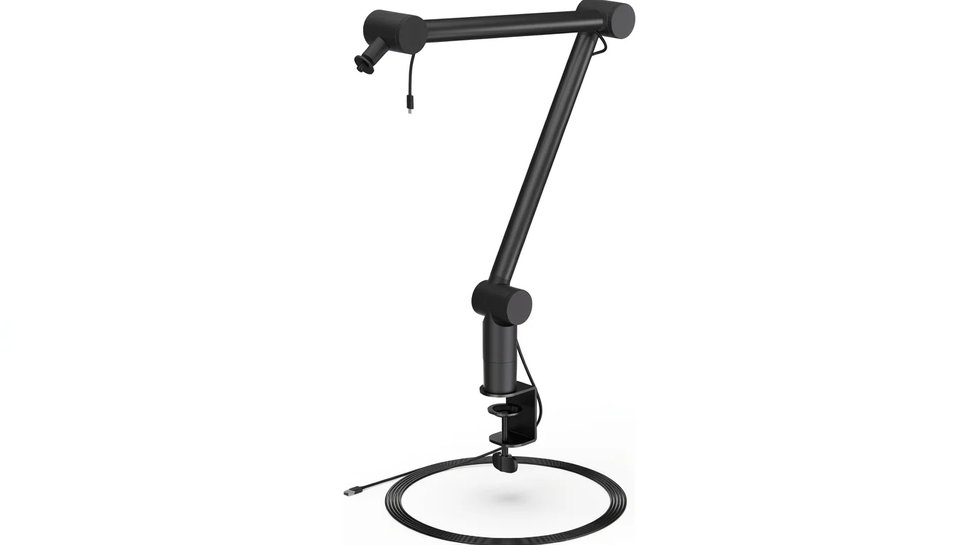 Černý polohovatelný stojan pro mikrofon ENDORFY Studio Boom Arm Black se stolním úchytem a integrovaným kabelem.