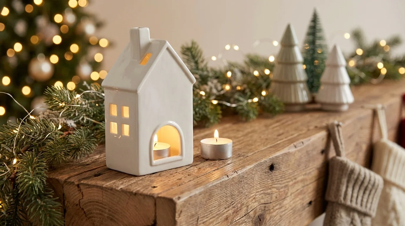 Bílý porcelánový domek Retlux s hořící čajovou svíčkou na dřevěném trámu s jehličím a vánočními světýlky.