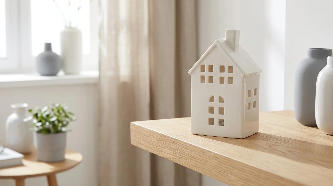 Bílý porcelánový domek s vyřezanými okénky a komínem stojící na dřevěném stole v interiéru.