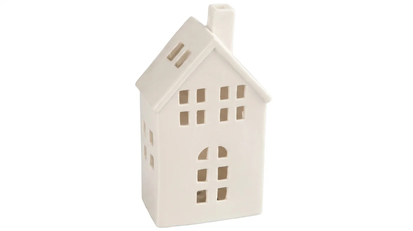 Bílý porcelánový domek Retlux RXL 390 s vyřezávanými okny, šikmou střechou a komínem.