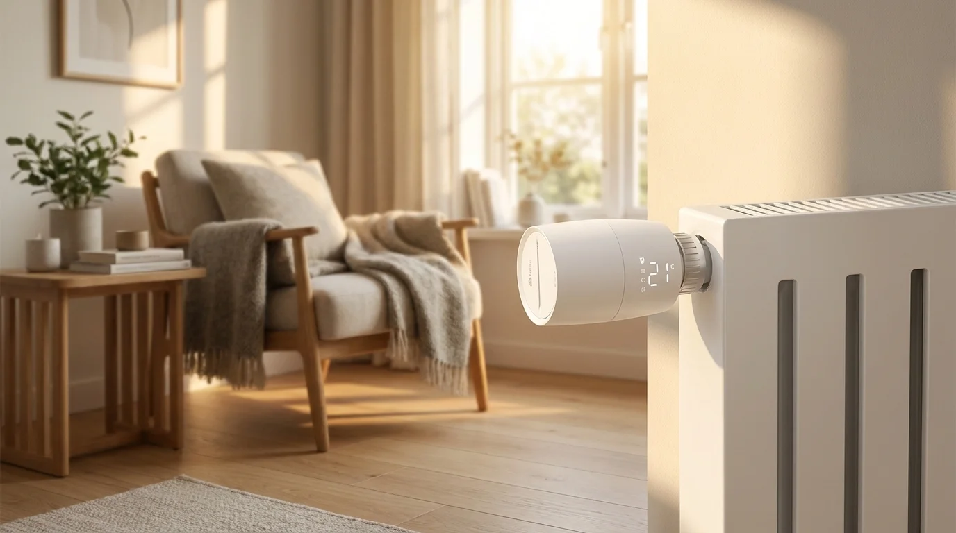 Smart termostat TP-Link Kasa KE100 nainstalovaný na radiátoru v obývacím pokoji s displejem zobrazujícím teplotu 21 °C.