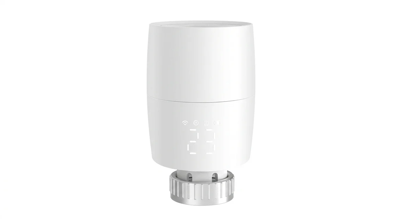 Smart termostat TP-Link Kasa KE100 v bílém provedení s digitálním displejem zobrazujícím teplotu 23 °C a stavové ikony.