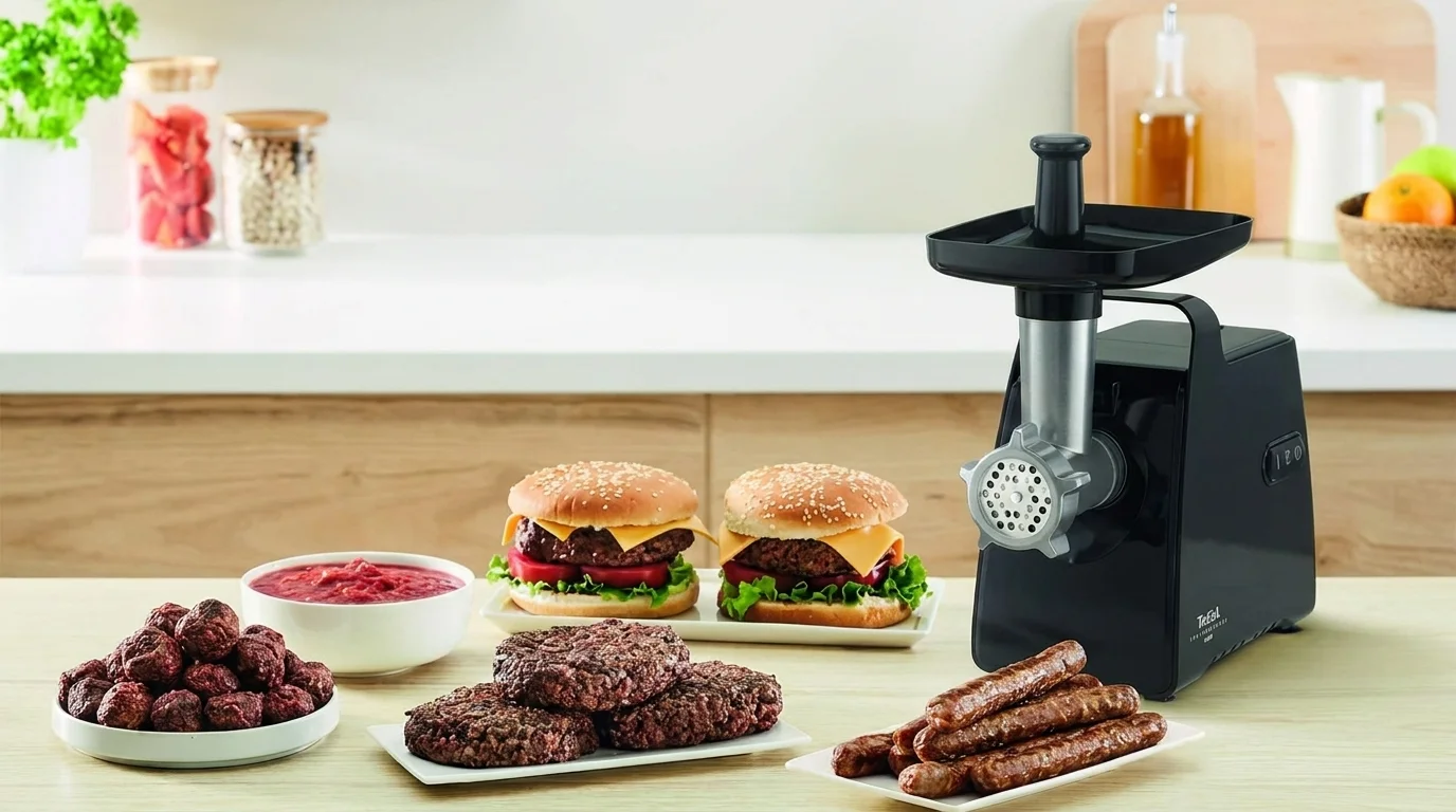 Černý masomlýnek Tefal NE553838 na kuchyňské lince vedle připravených burgerů, klobás, masových kuliček a rajčatové omáčky.