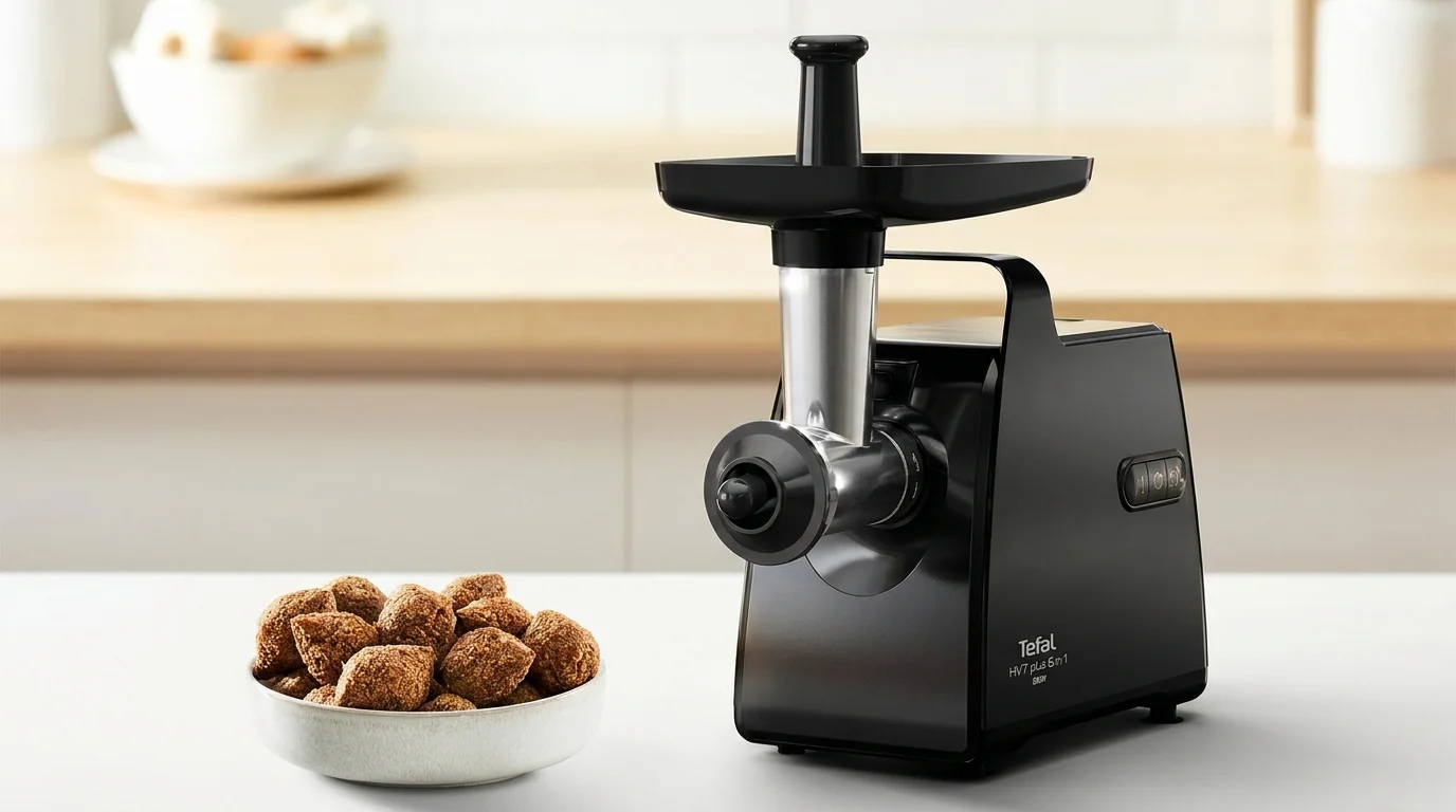Černý masomlýnek Tefal NE553838 na kuchyňské lince s miskou masových kuliček kebbe v popředí.