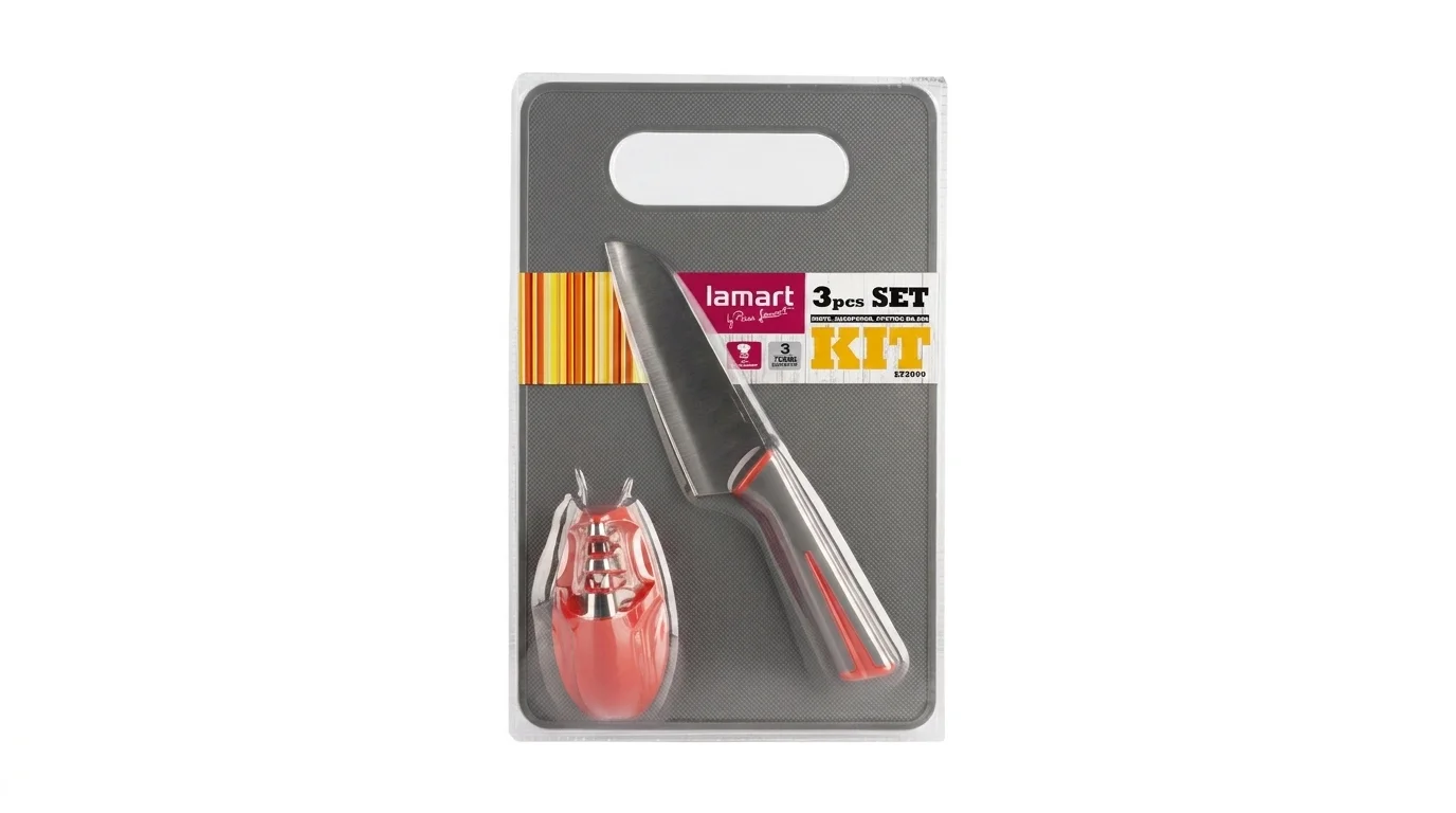 Set kuchyňského náčiní Lamart LT2099 v balení s šedým prkénkem, kuchařským nožem s šedo-červenou rukojetí a červeným brouskem.
