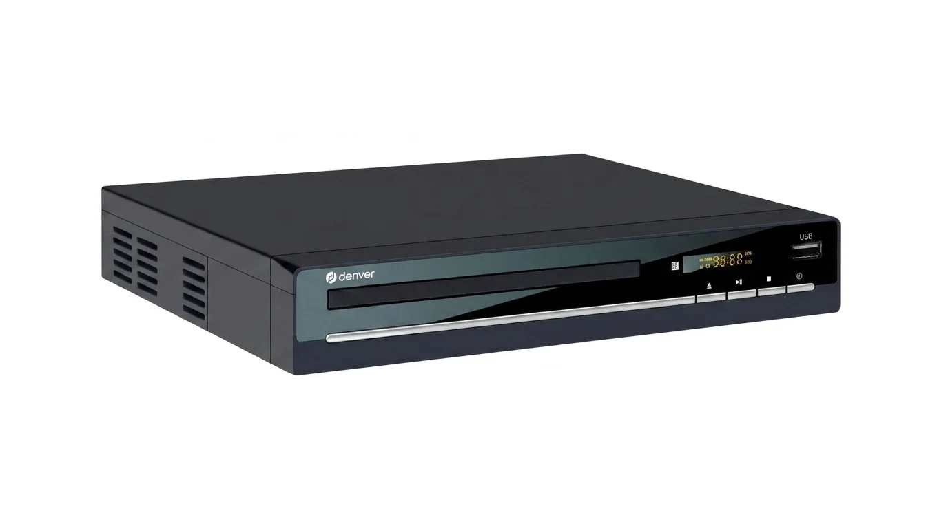 Čierny DVD prehrávač Denver DVH 7787 MK3 s predným panelom, displejom a USB portom na bielom pozadí.