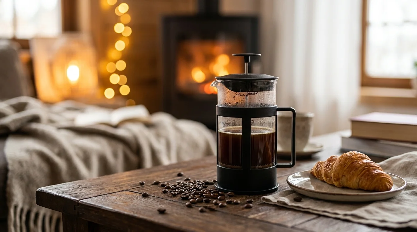 French press Lamart LT7059 s kávou na drevenom stole vedľa croissantu a kávových zŕn v útulnom prostredí s krbom.