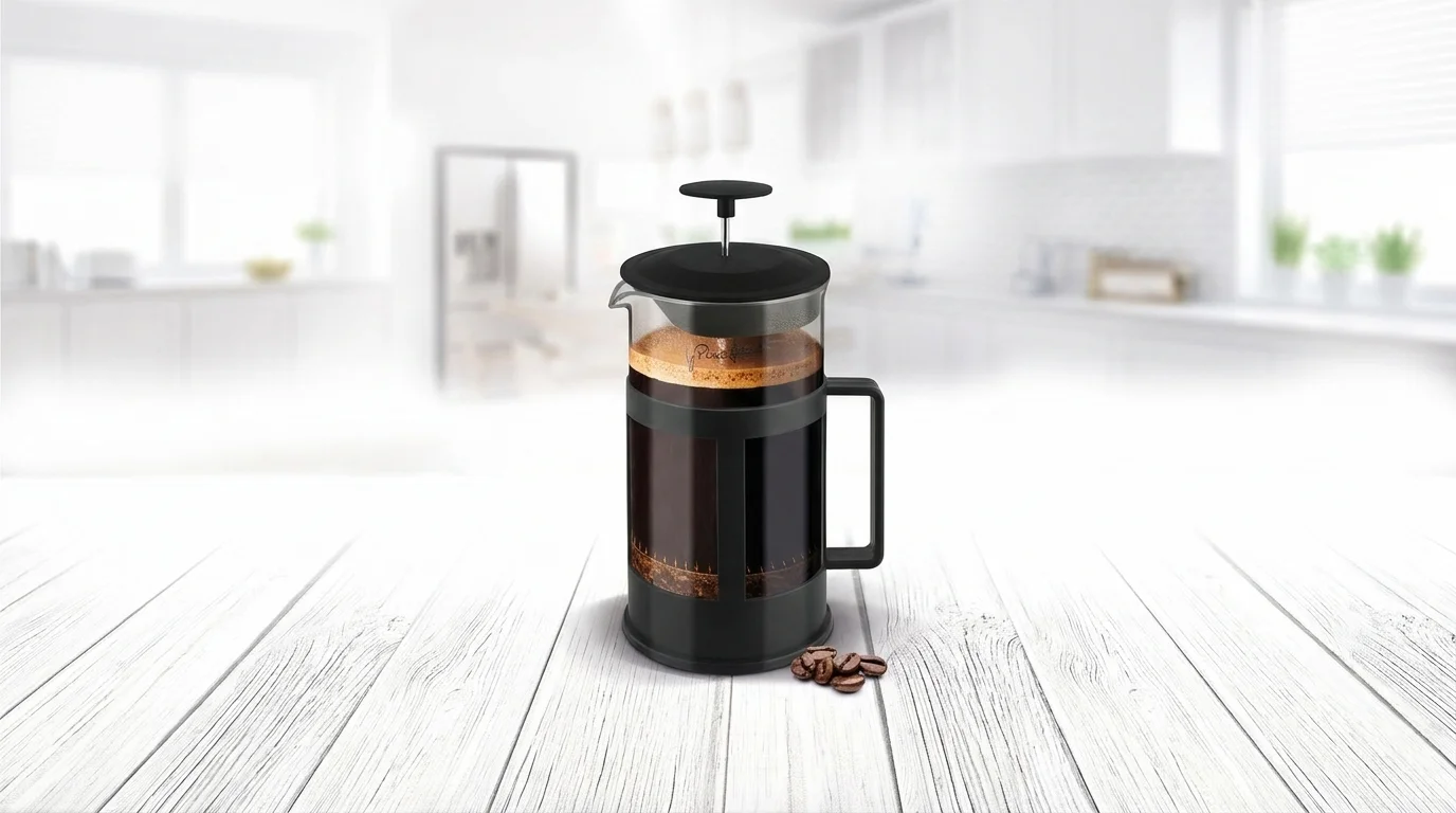 Skleněný french press Lamart LT7048 naplněný kávou stojí na světlém dřevěném stole s několika kávovými zrny.