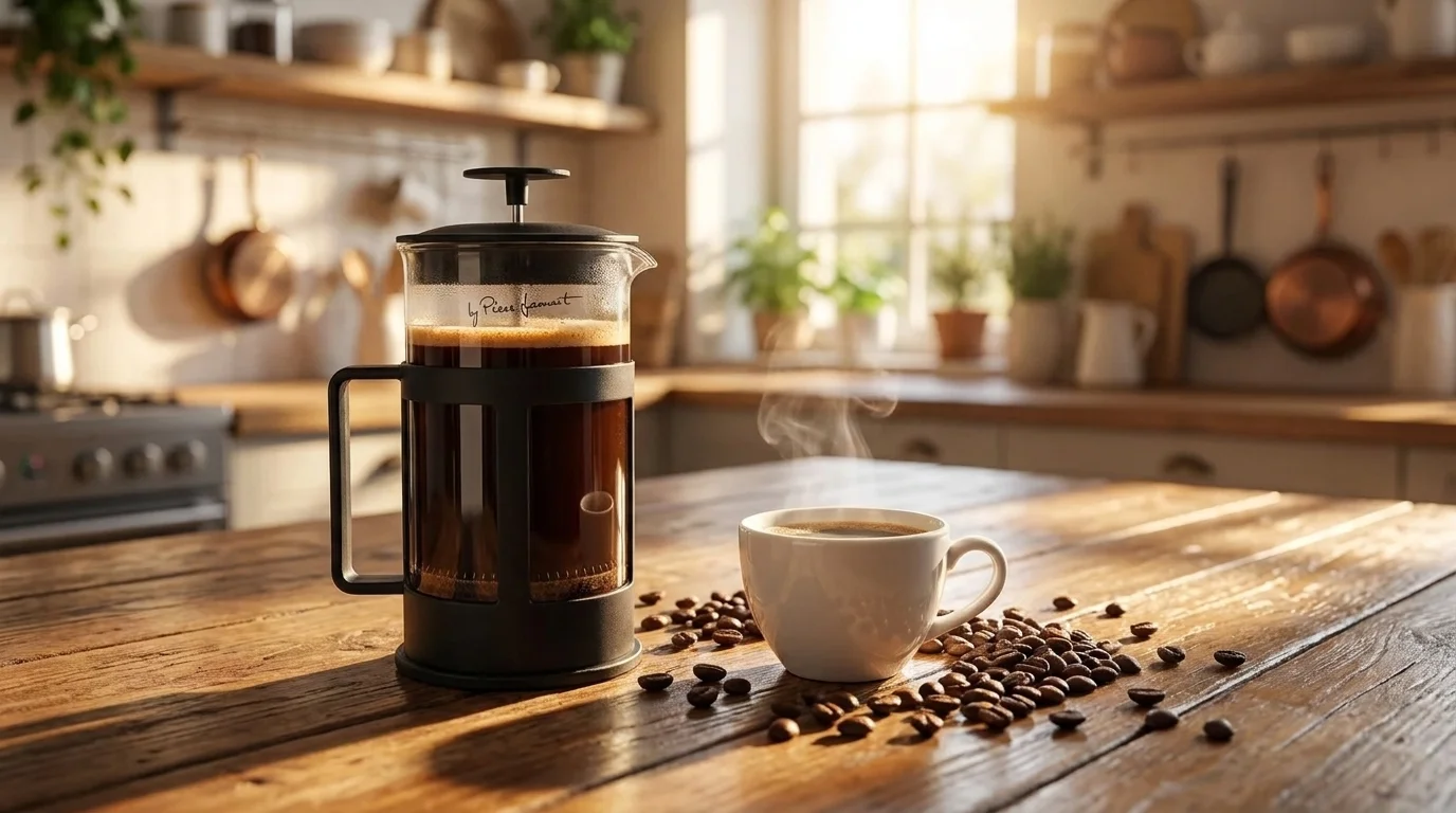 French press Lamart LT7060 s kávou na dřevěném stole vedle kouřícího bílého šálku a rozsypaných kávových zrn.