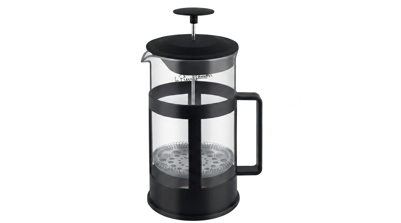 Sklenený french press Lamart LT7059 s čiernym plastovým rámom, rukoväťou a nerezovým stláčacím sitkom.