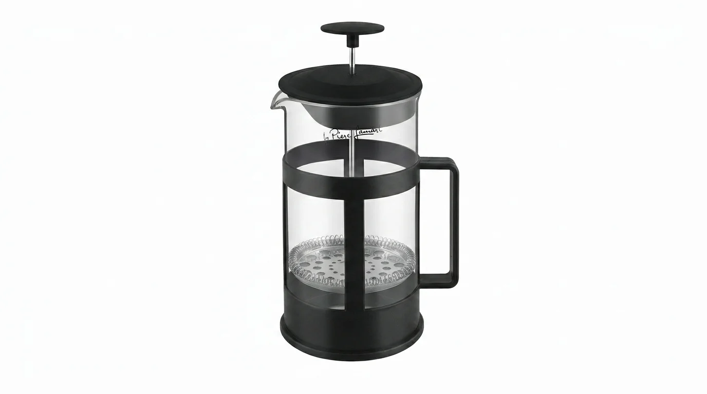 Skleněný french press Lamart LT7048 s černým plastovým rámem, madlem a víkem a nerezovým stlačovacím sítkem uvnitř.