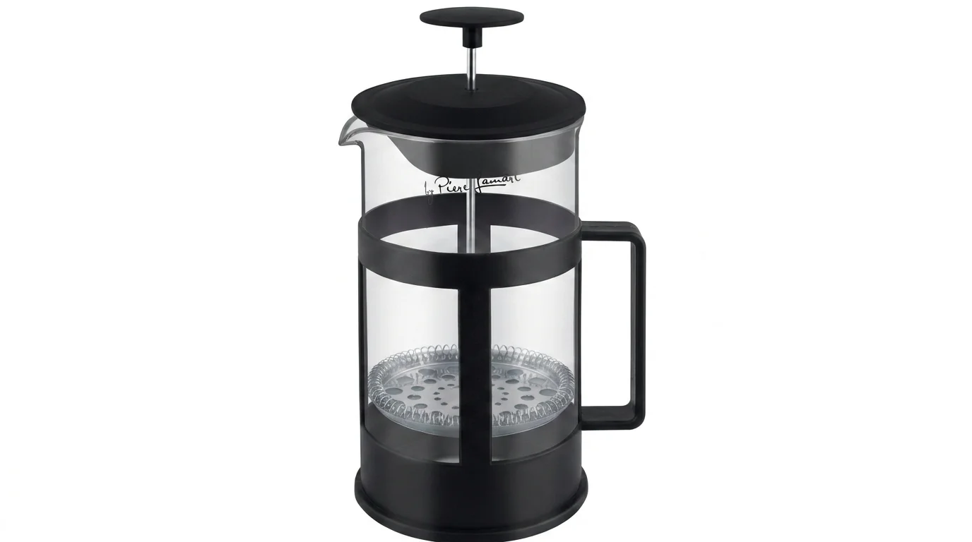Skleněná konvice French press Lamart LT7060 s černým plastovým madlem a nerezovým stlačovacím sítkem.