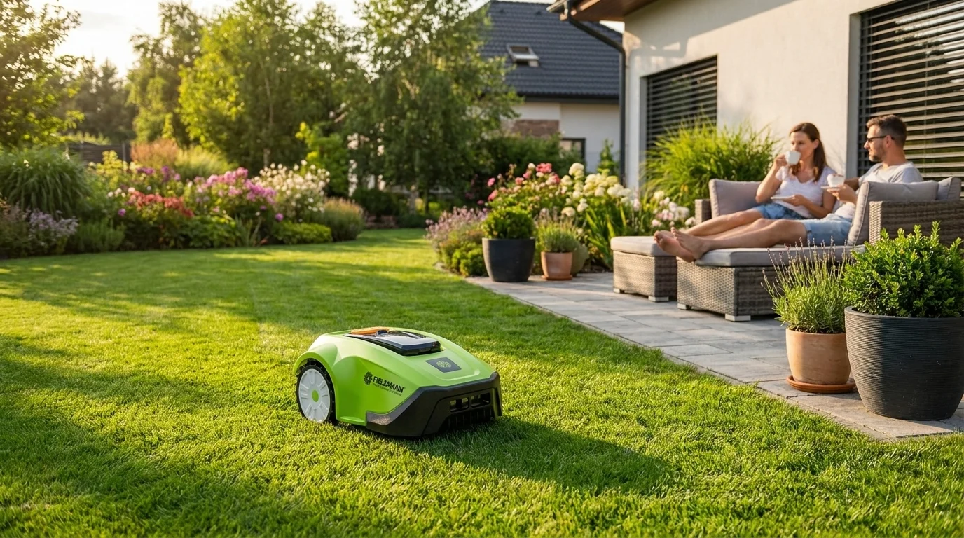 Zelená robotická kosačka Fieldmann kosí trávnik v záhrade, zatiaľ čo na terase pri dome relaxuje pár.