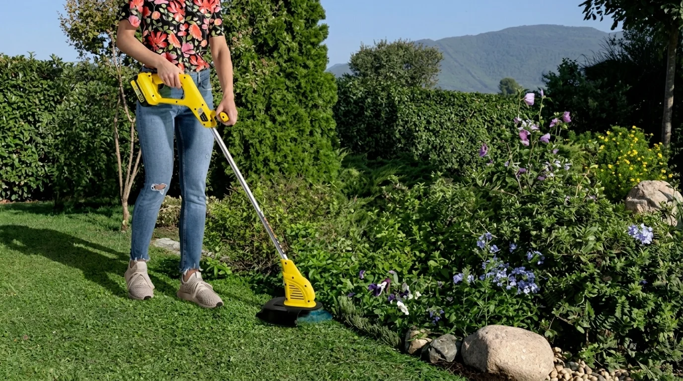 Žena seká trávu podél okraje záhonu pomocí akumulátorové strunové sekačky Kärcher.