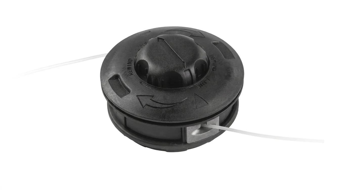 Černá strunová žací hlava Fieldmann FZS 9023 s otočným knoflíkem Twist&Go a vyvedenou strunou.