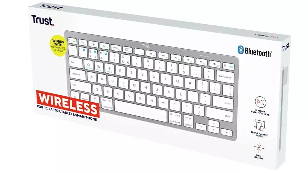 Balenie bezdrôtovej Bluetooth klávesnice Trust Basics s vyobrazením tenkej klávesnice s bielymi klávesmi.