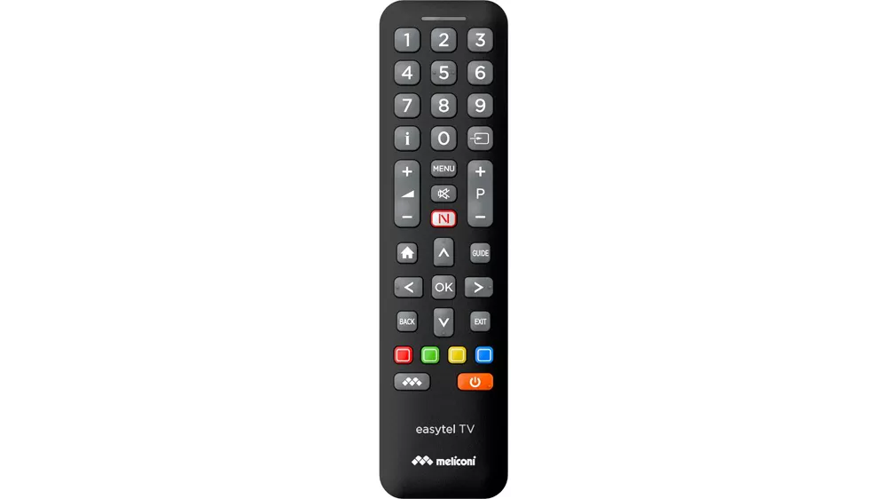 Čierny univerzálny diaľkový ovládač Meliconi Easytel TV s prehľadným rozložením tlačidiel.