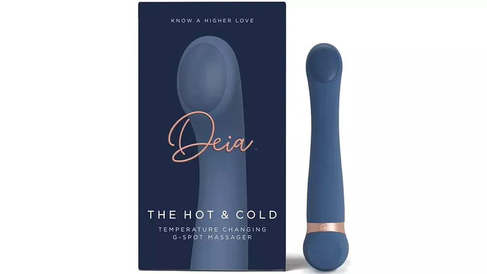 Modrý vibrátor Deia The Hot & Cold vedľa originálneho balenia.