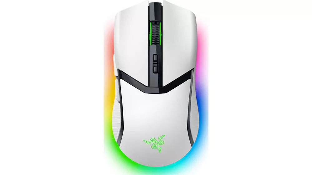 Biela herná myš RAZER Cobra Pro s farebným RGB podsvietením a zeleným logom pri pohľade zhora.