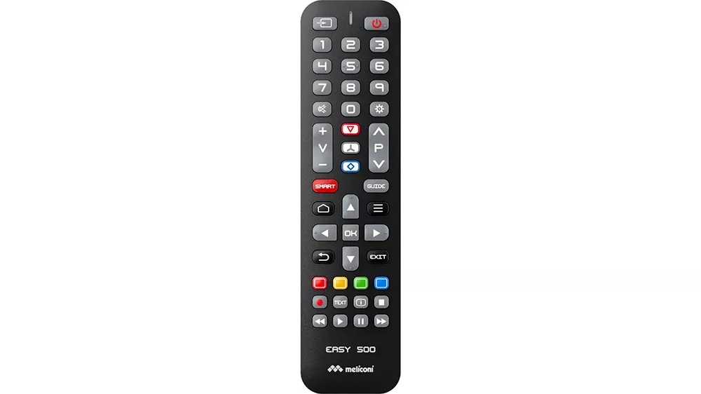 Čierny diaľkový ovládač Meliconi EASY 500 s prehľadným rozložením tlačidiel na ovládanie televízora.
