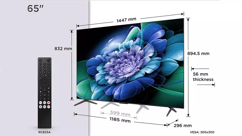 Rozmery 65" televízora TCL s nastaviteľným stojanom a diaľkovým ovládačom RC833A.