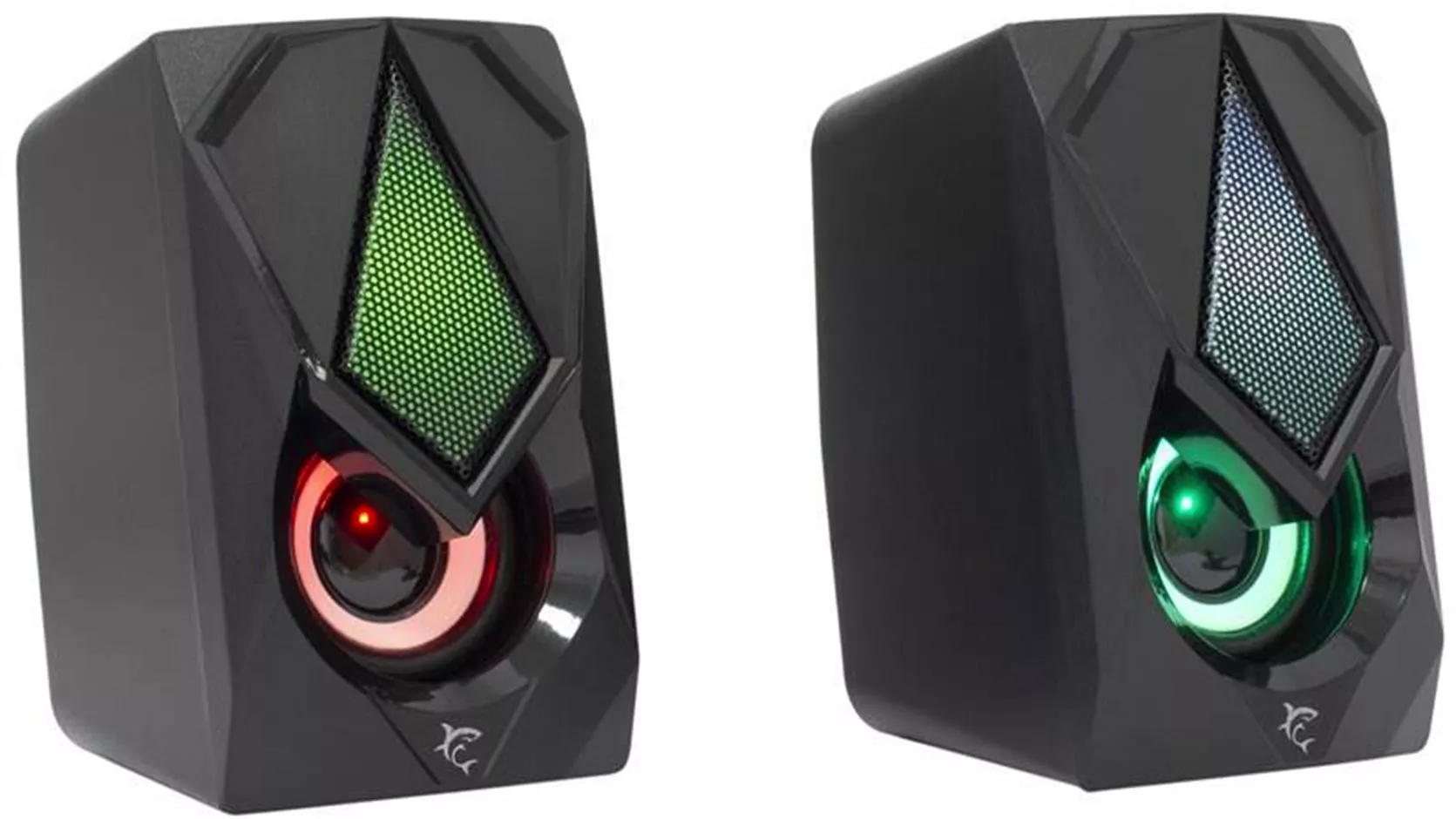 Čierne herné reproduktory White Shark BEAT 2.0 s farebným RGB podsvietením na prednej strane.