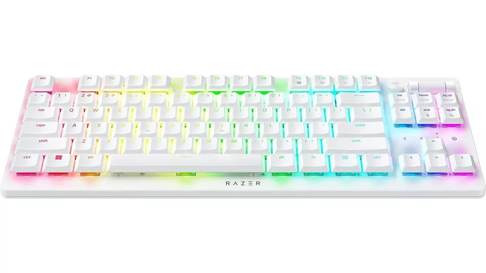 Biela herná klávesnica Razer DeathStalker V2 Pro Tenkeyless s farebným RGB podsvietením.